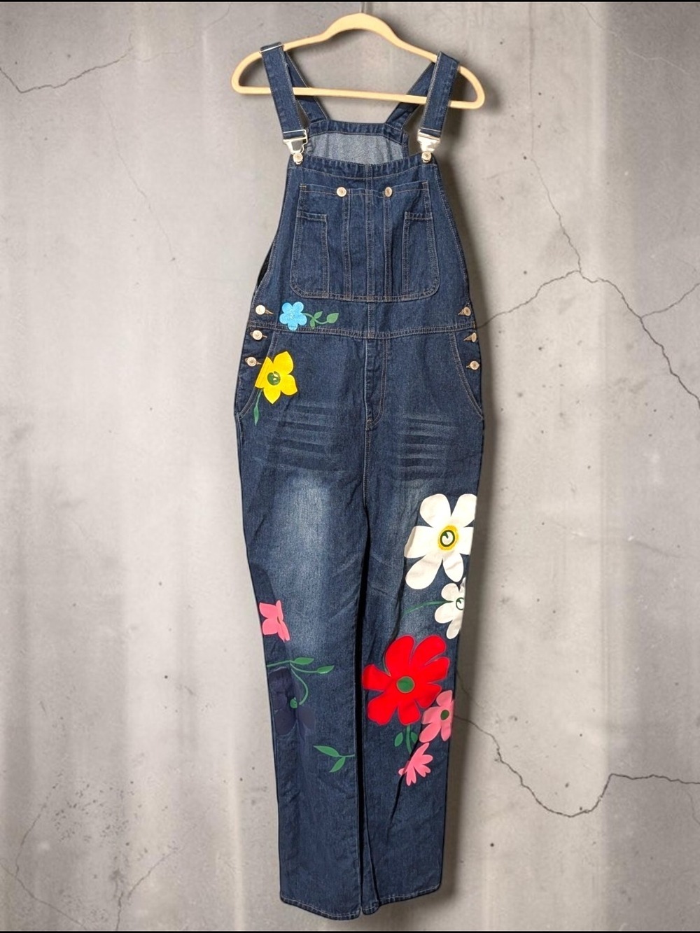 Women's Blue Denim Floral Overalls